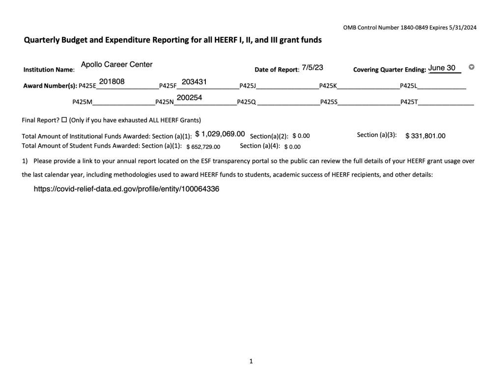 Reporting of Higher Education Emergency Relief Funds • Apollo Career Center